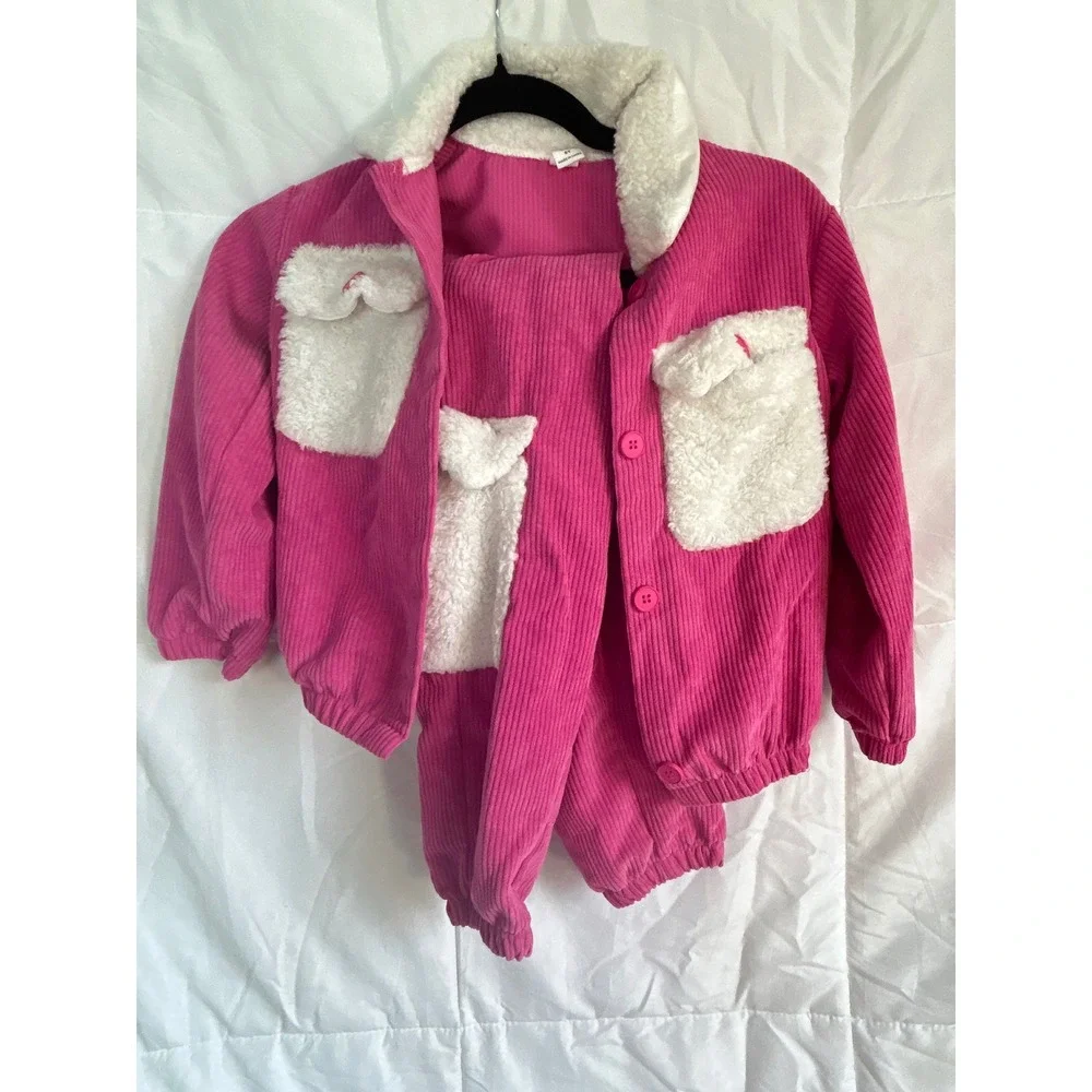 SHEIN Kids Pink Corduroy Sherpa Trim Jacket Pants Set Size 6Y‎